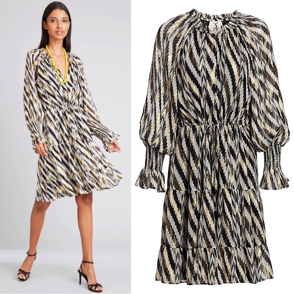 Figue Bohemian Rhapsody Kaia Metallic Zebra Chevron Stripe Lurex Silk Midi Dress